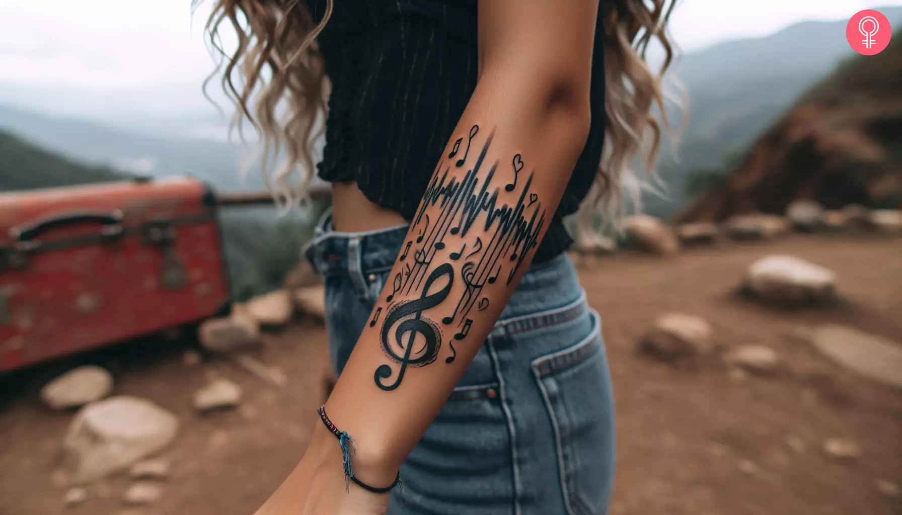 Music lifeline tattoo on the forearm of a woman