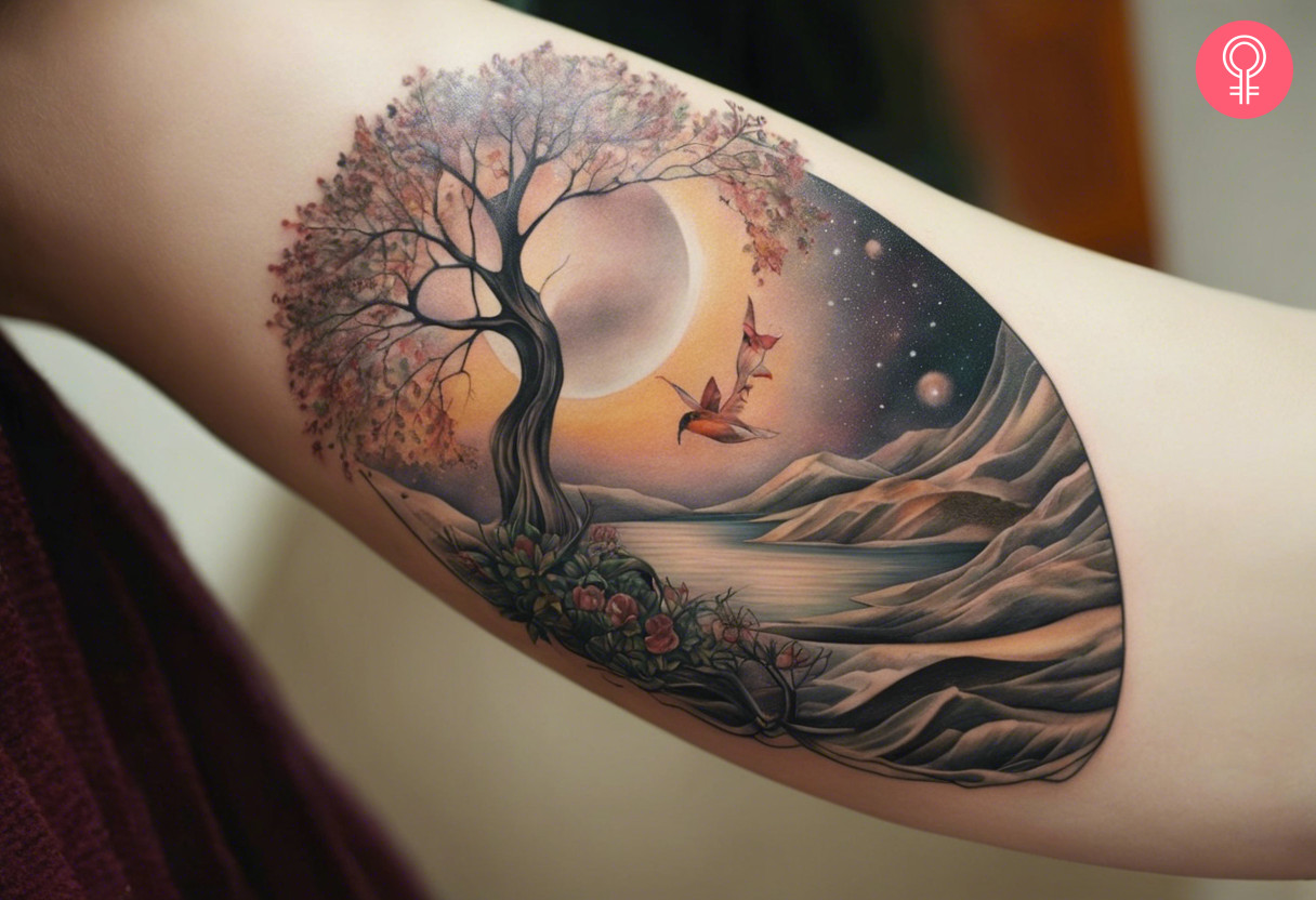 Woman with nature surrealism tattoo on her forearm