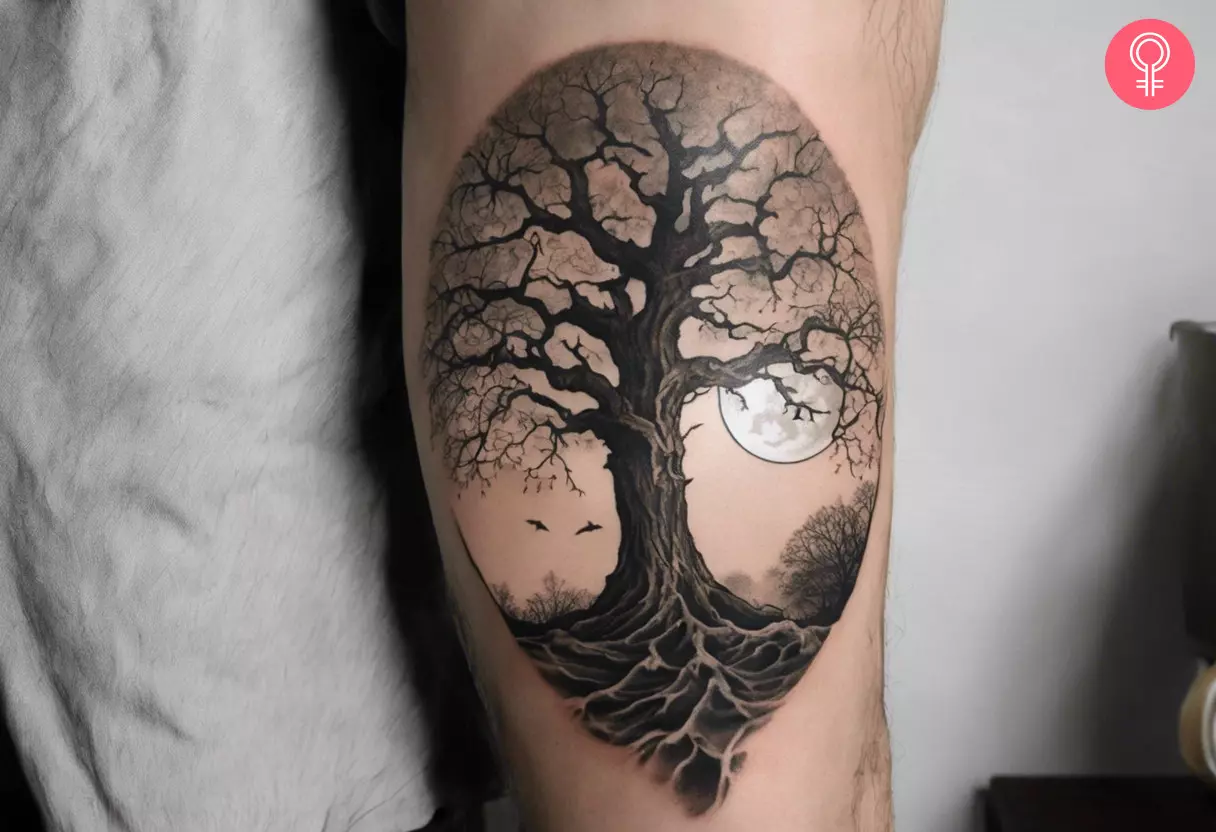 A man with an old oak tree tattoo on his arm