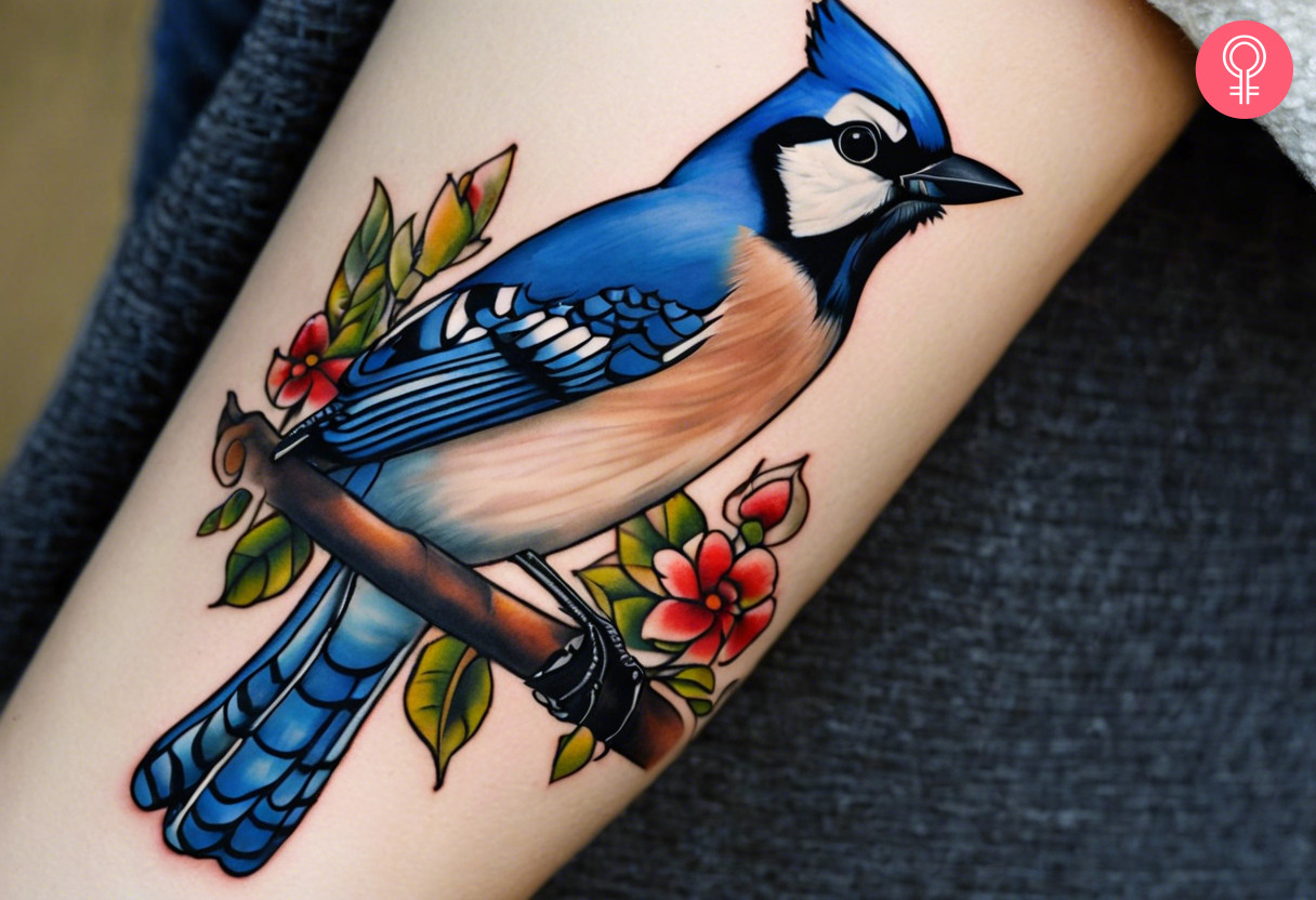 A close up of an old-school blue jay tattoo on a woman’s forearm