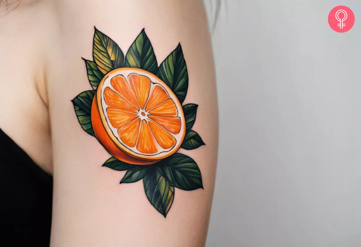 Orange fruit tattoo on the upper arm