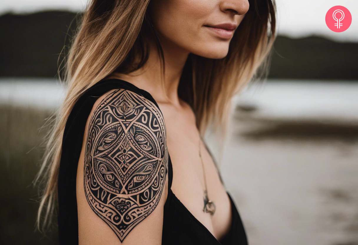 Ovoid maori shoulder tattoo on a woman