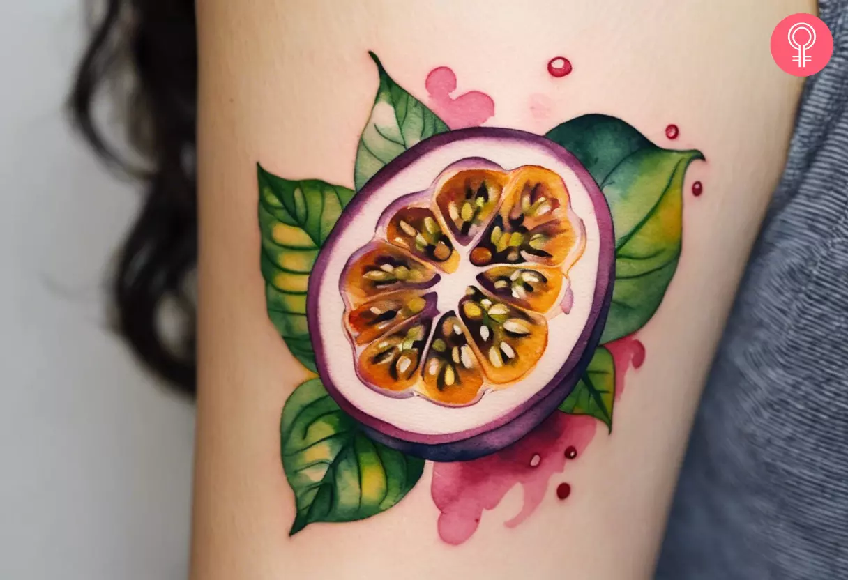 Passion fruit tattoo on the upper arm