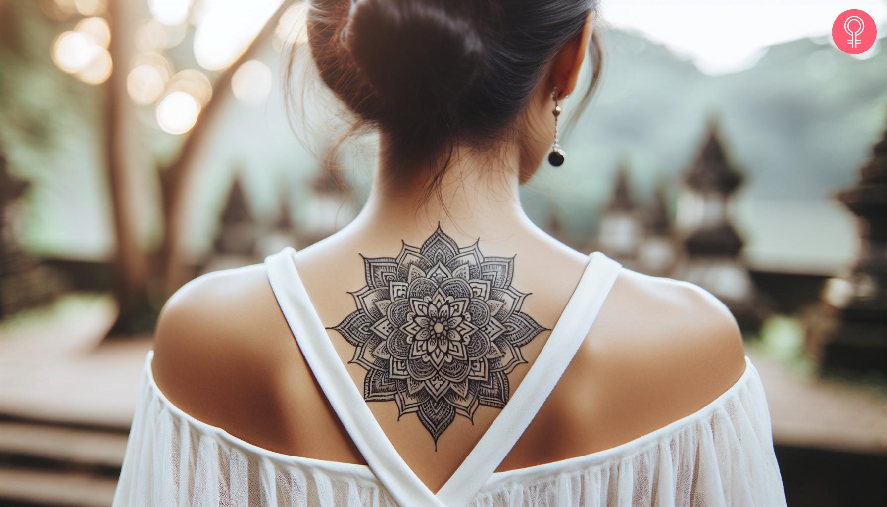 A mandala pattern tattoo for women on the upper back