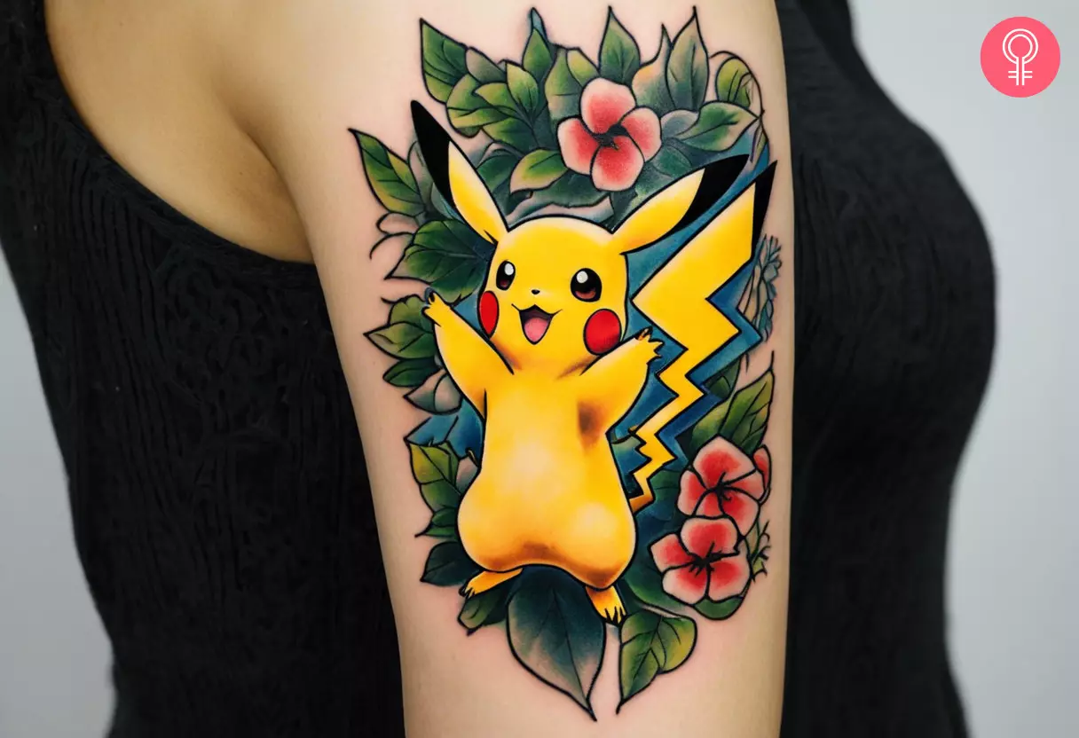 A woman with a Pikachu tattoo on her upper arm