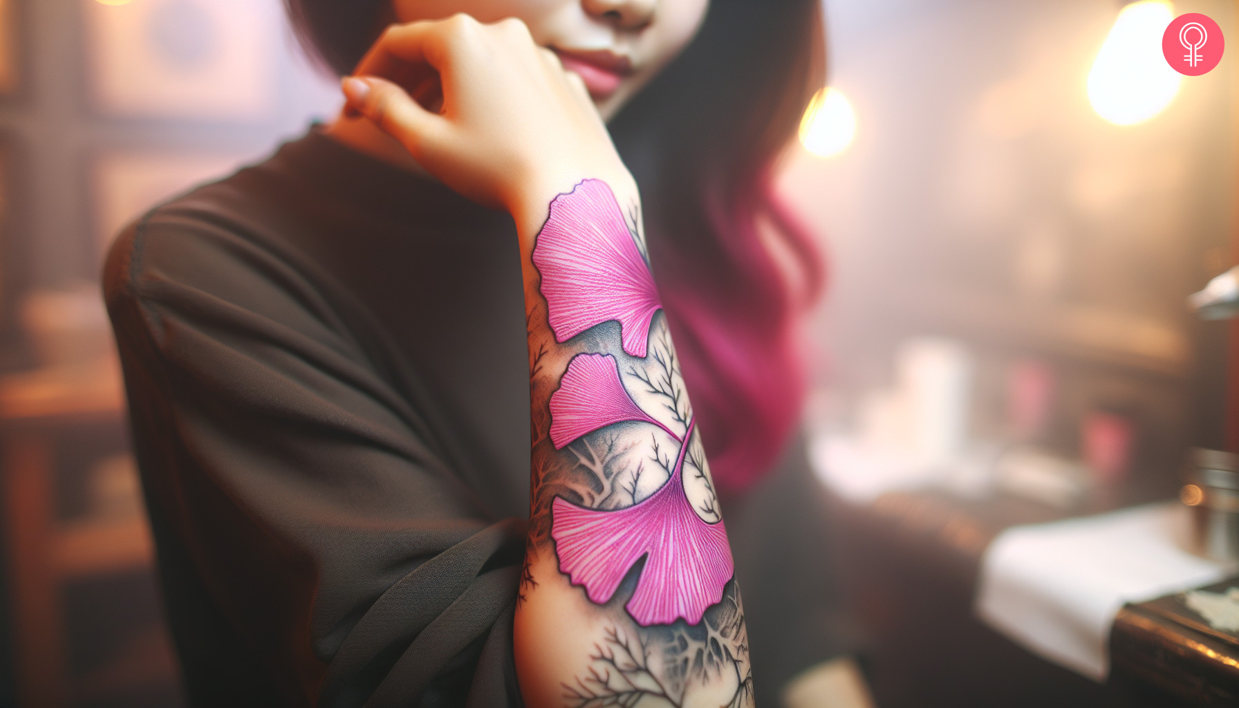 Pink Ginkgo leaves tattoo on the arm