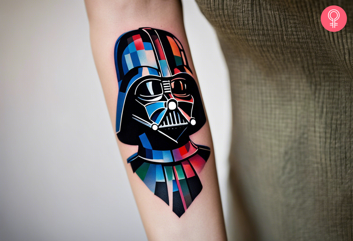 Pixel Darth Vader tattoo on the forearm