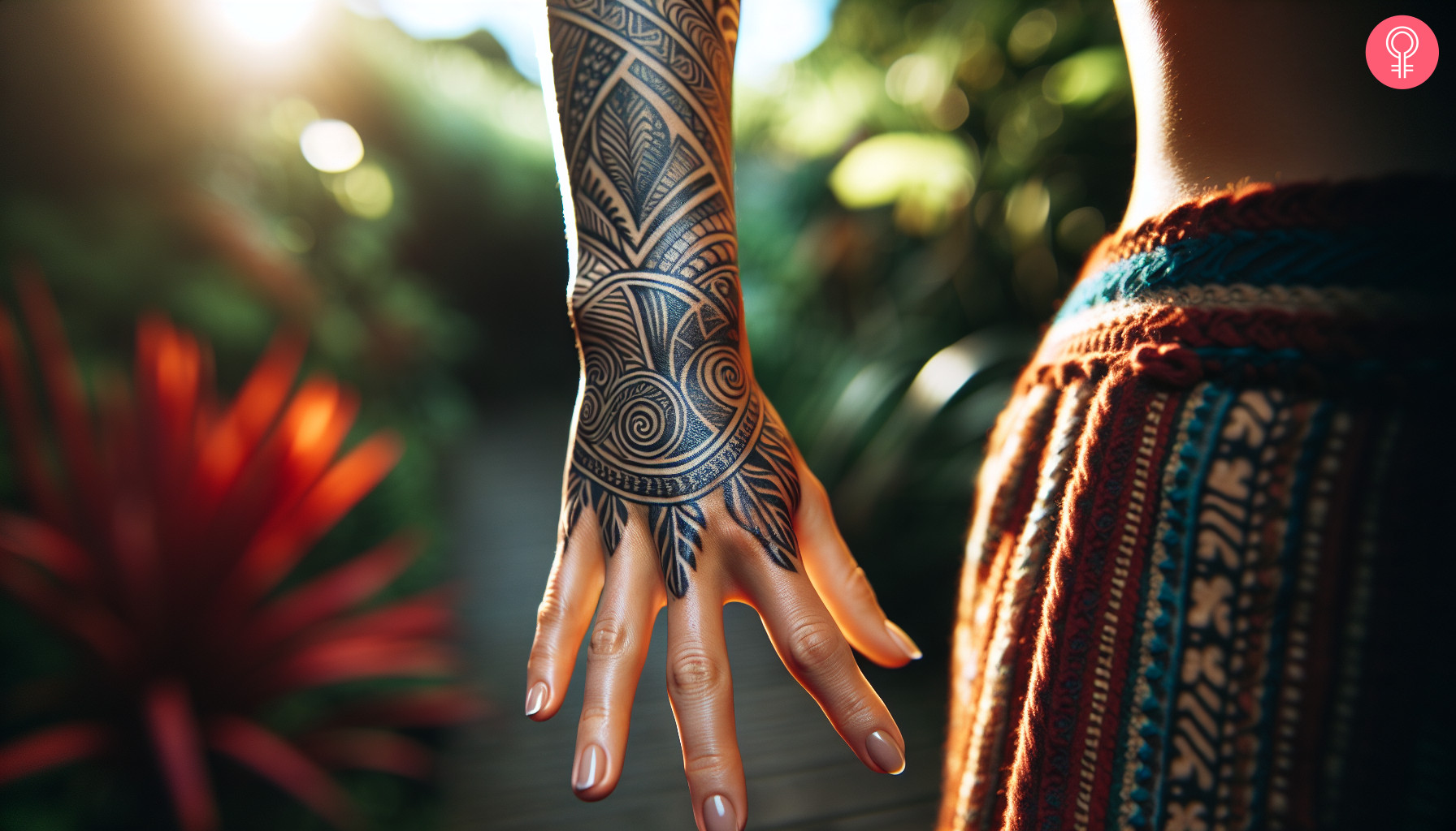 Polynesian maori tattoo on the hand of a woman