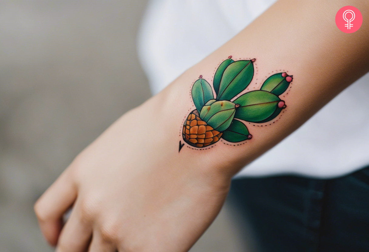 A prickly pear cactus tattoo on the wrist