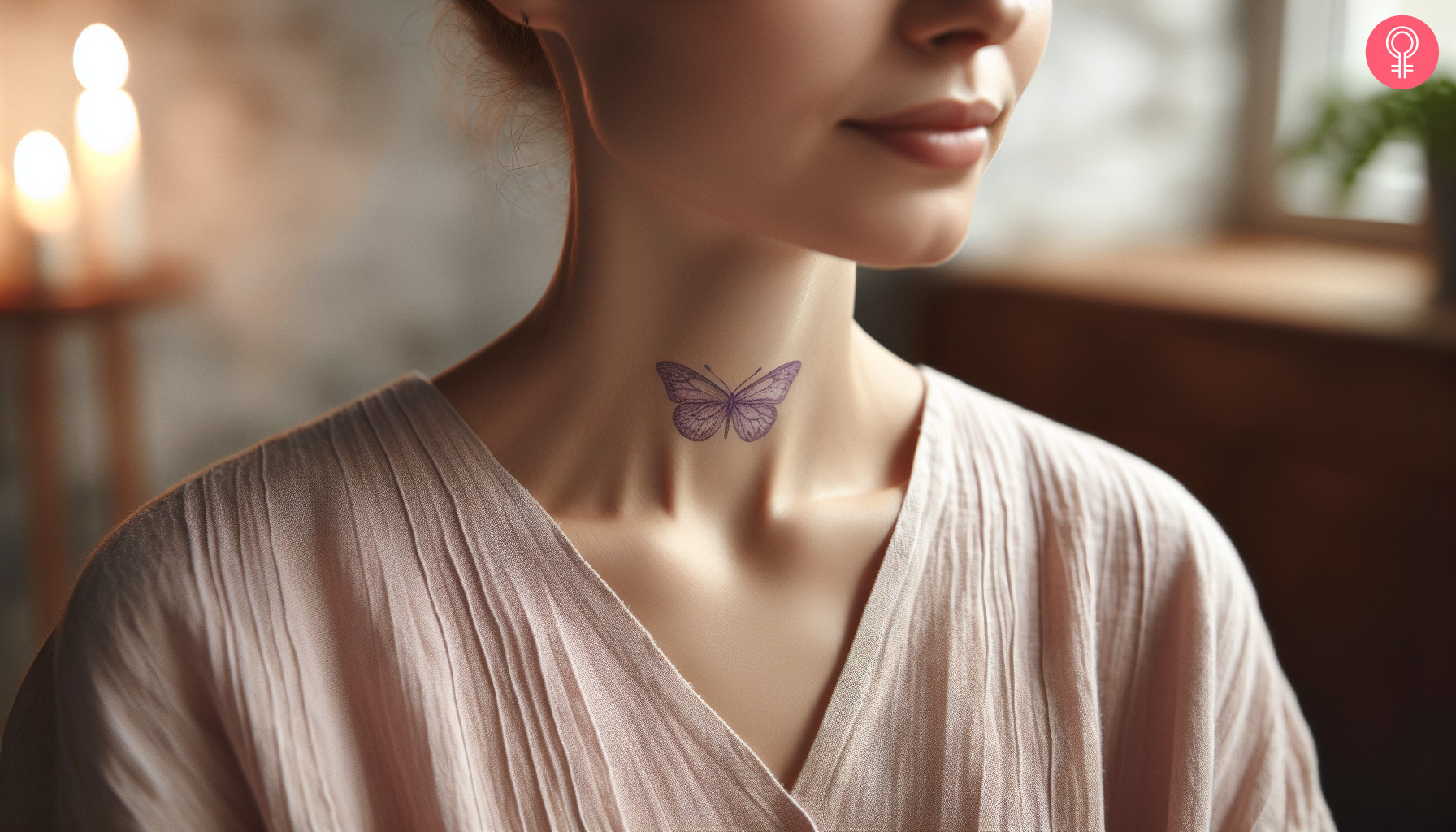 A purple butterfly tattoo on a woman’s neck