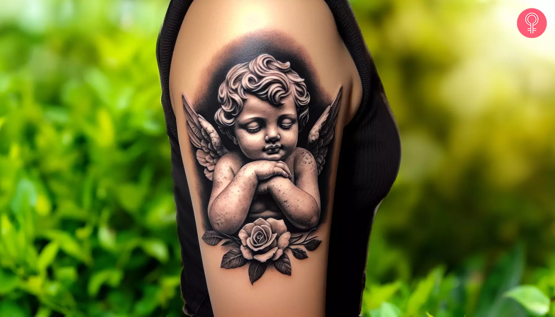 A woman with a realistic baby angel statue tattoo on the upper arm