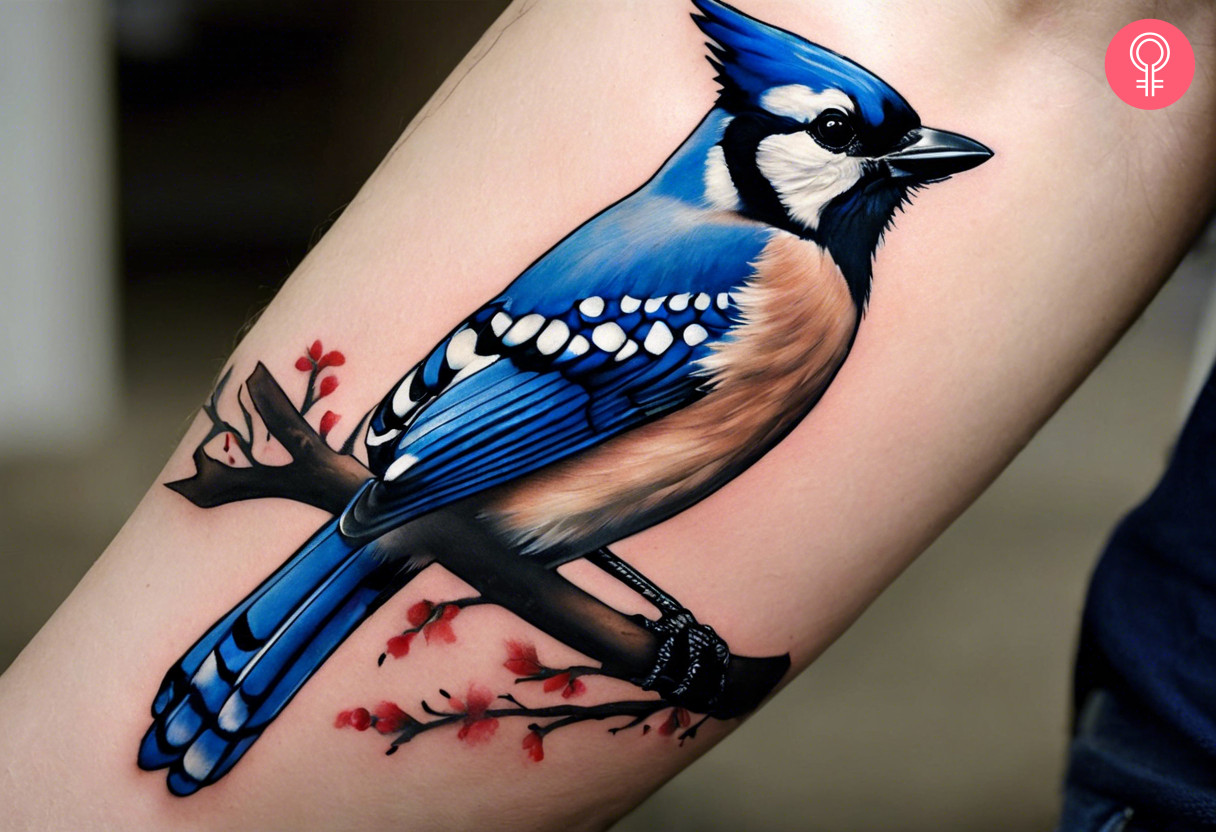 A close up of a realistic blue Jay tattoo on a person’s forearm