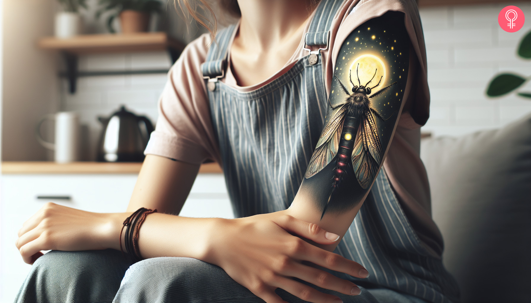 Woman with realistic firefly tattoo on her upper arm
