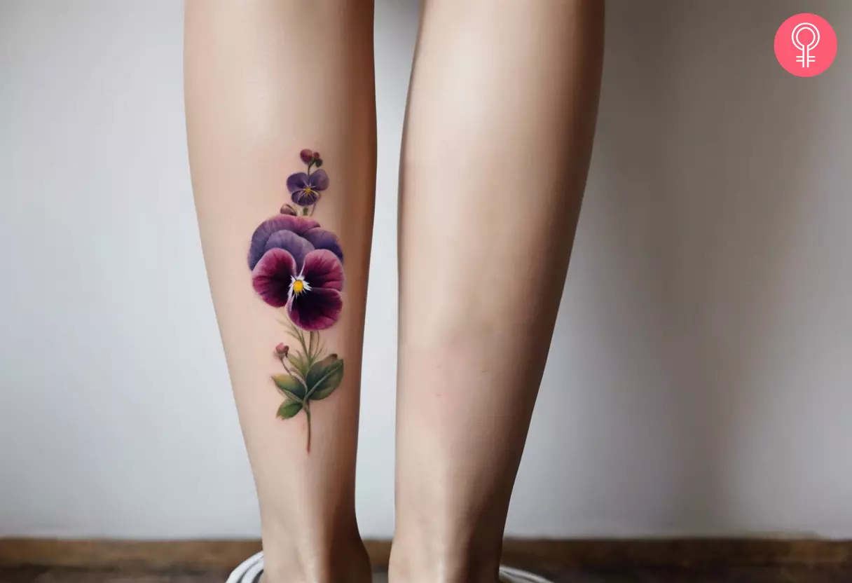 Realistic Pansy flower tattoo on the calf