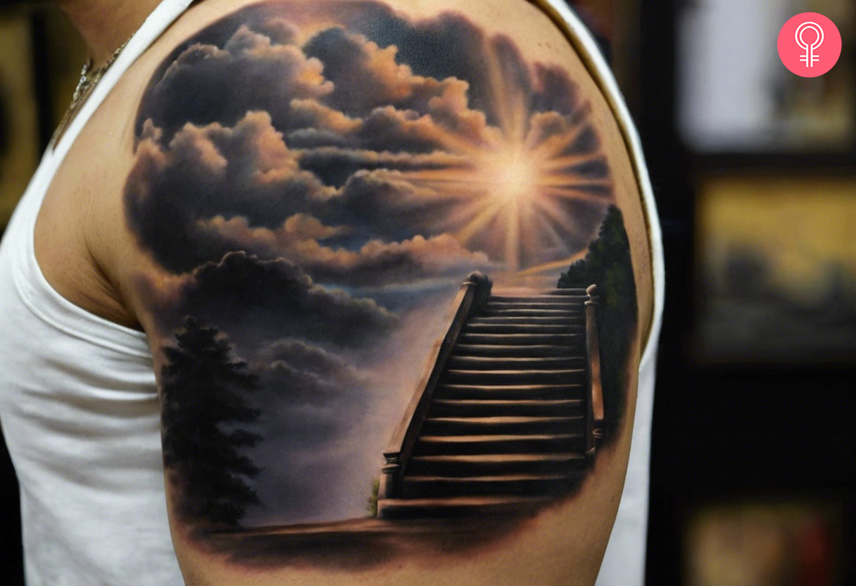 A realistic ‘Stairway To Heaven’ tattoo on the upper arm