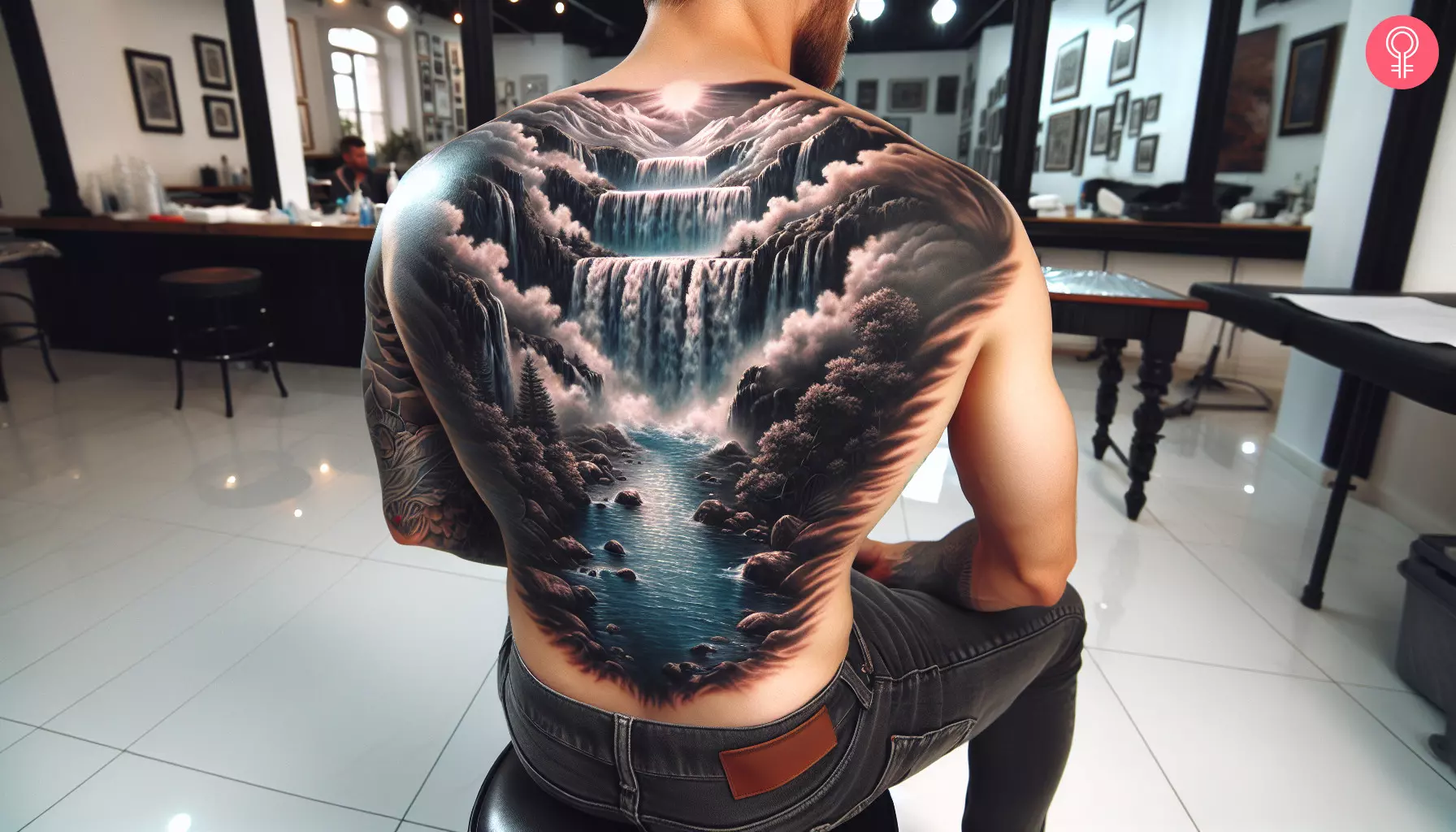 A realistic waterfall tattoo on the back of a man