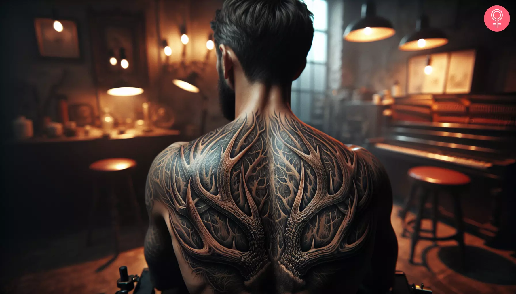 Realistic tattoo of deer antlers on a man’s back
