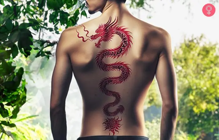 Red dragon tattoo on the spine