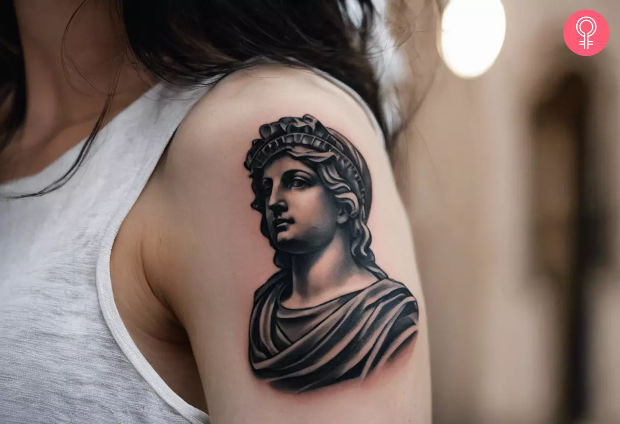 A woman with a Roman statue tattoo on the upper arm