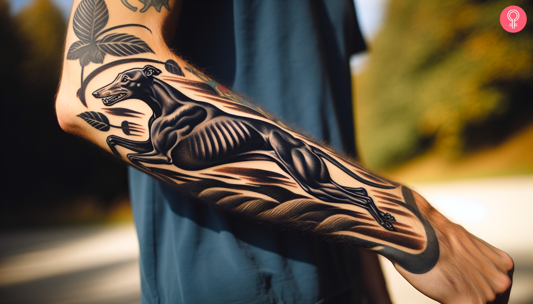 A tattoo of a running greyhound on the arm of a man