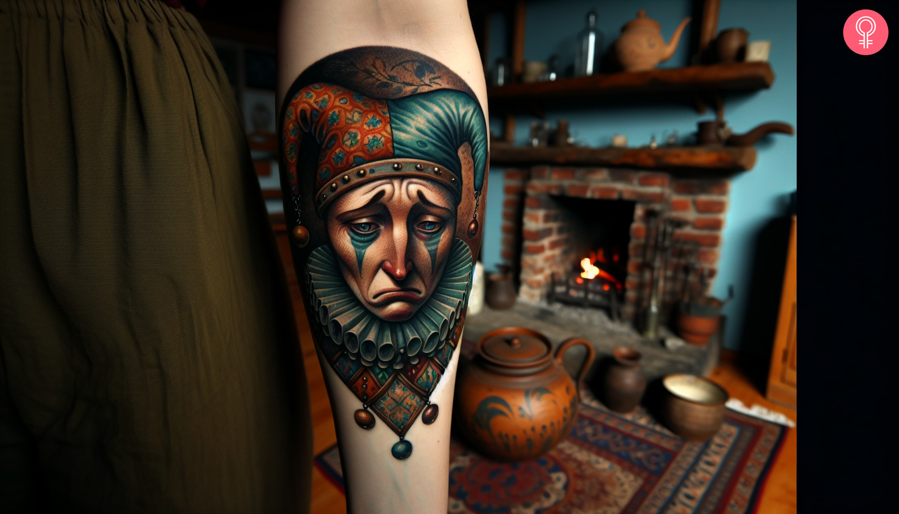 Sad jester tattoo on the forearm of a woman
