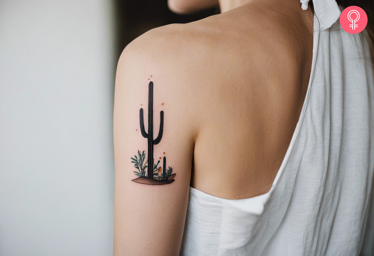 A woman showing a saguaro cactus tattoo on her arm