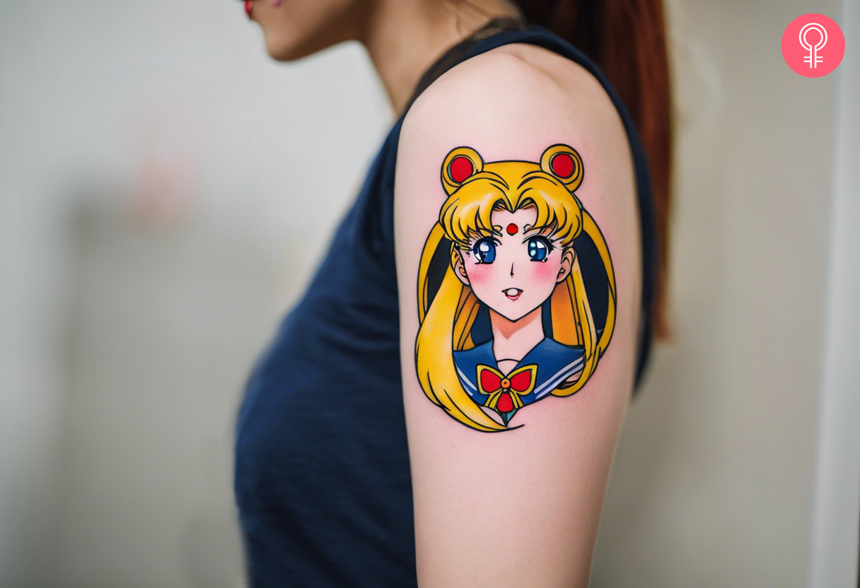 Sailor Moon anime tattoo on a woman’s upper arm