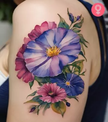 Aster and morning glory flowers on the arm