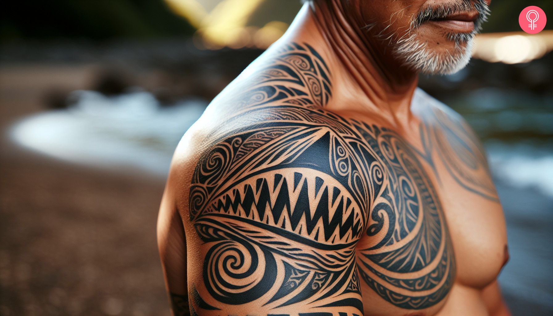 Shark teeth maori tattoo design on the shoulder of a man