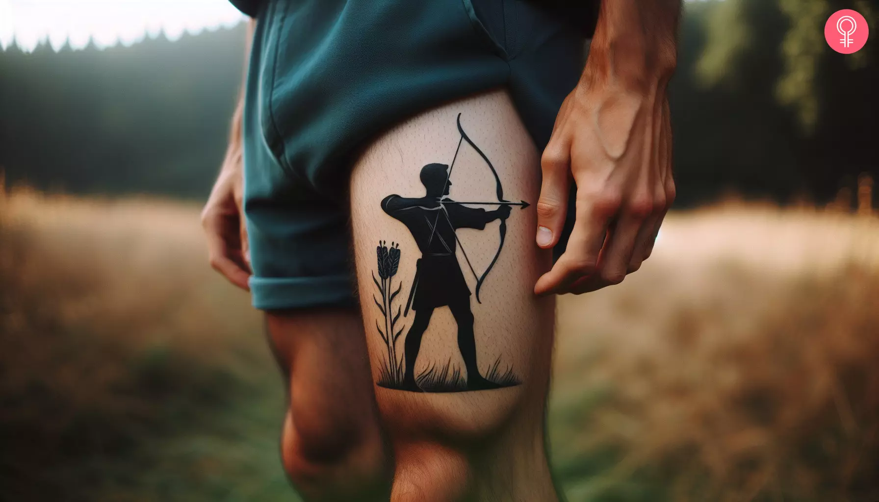 Silhouette archer Sagittarius tattoo on the thigh of a man