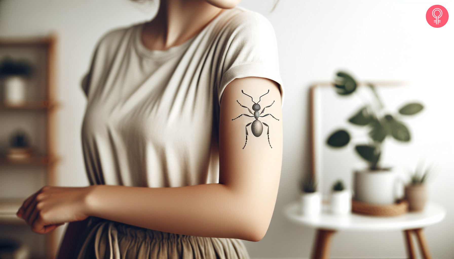 Silver ant tattoo on the upper arm
