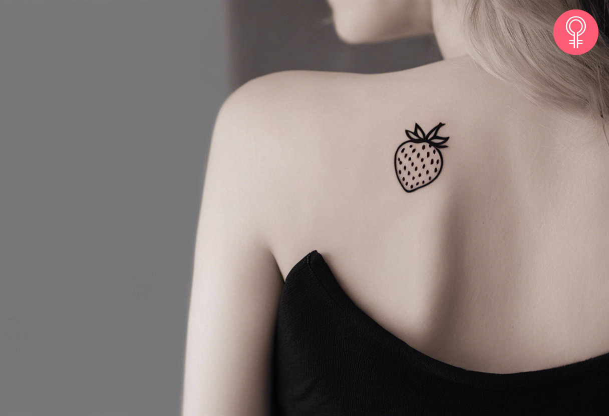 Simple black and white strawberry tattoo on the shoulder