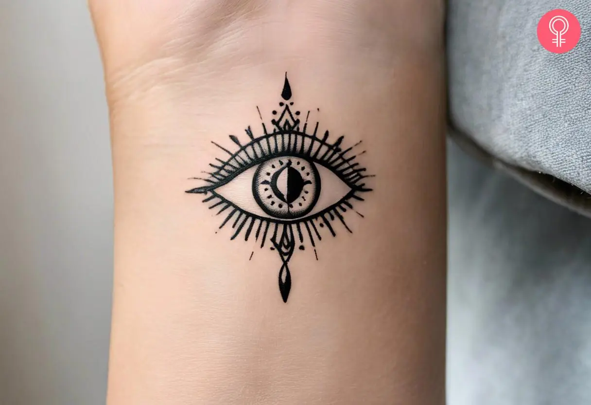 A simple third eye tattoo on the wrist