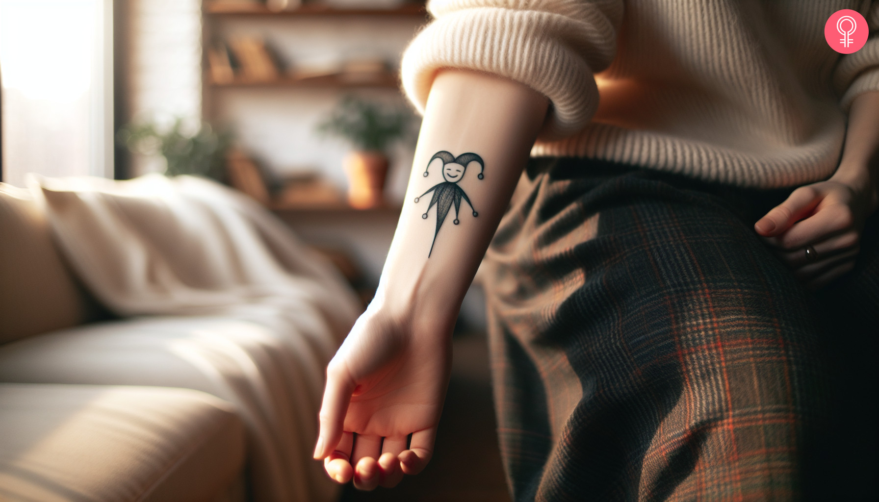 Simple jester tattoo on the forearm of a woman