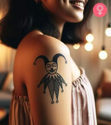 A woman flaunting a shield tattoo on the upper arm