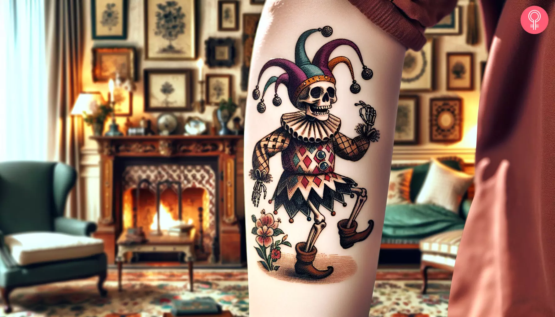 Skeleton jester tattoo on the forearm of a woman