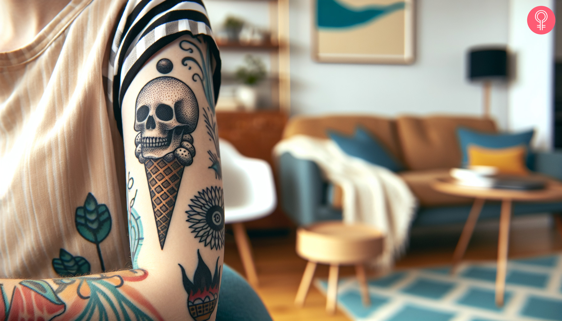 A woman flaunting a skull ice cream tattoo on her bicep