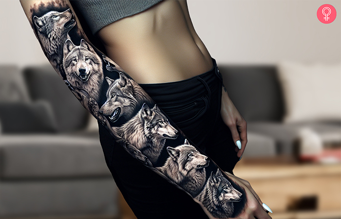 Tattoo einer Wolfsfamilie auf dem Arm
