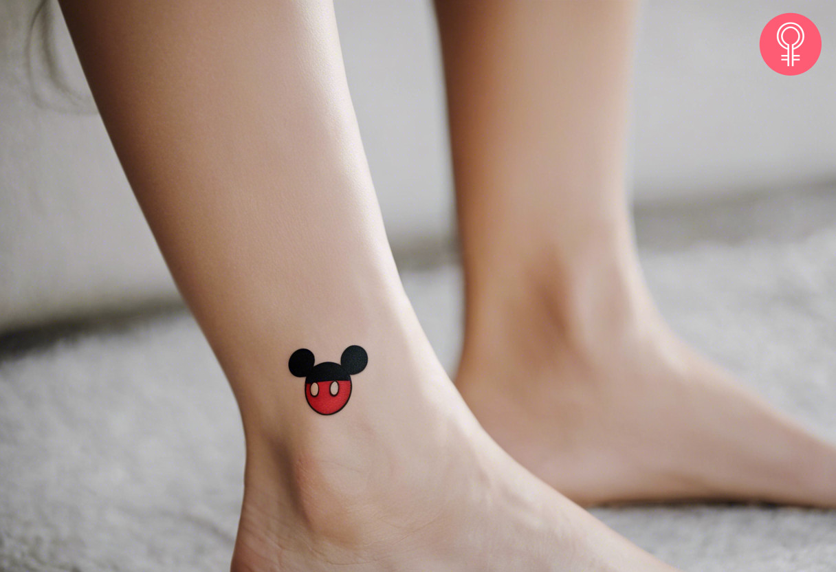 Small minimalist Mickey Mouse tattoo on the ankle