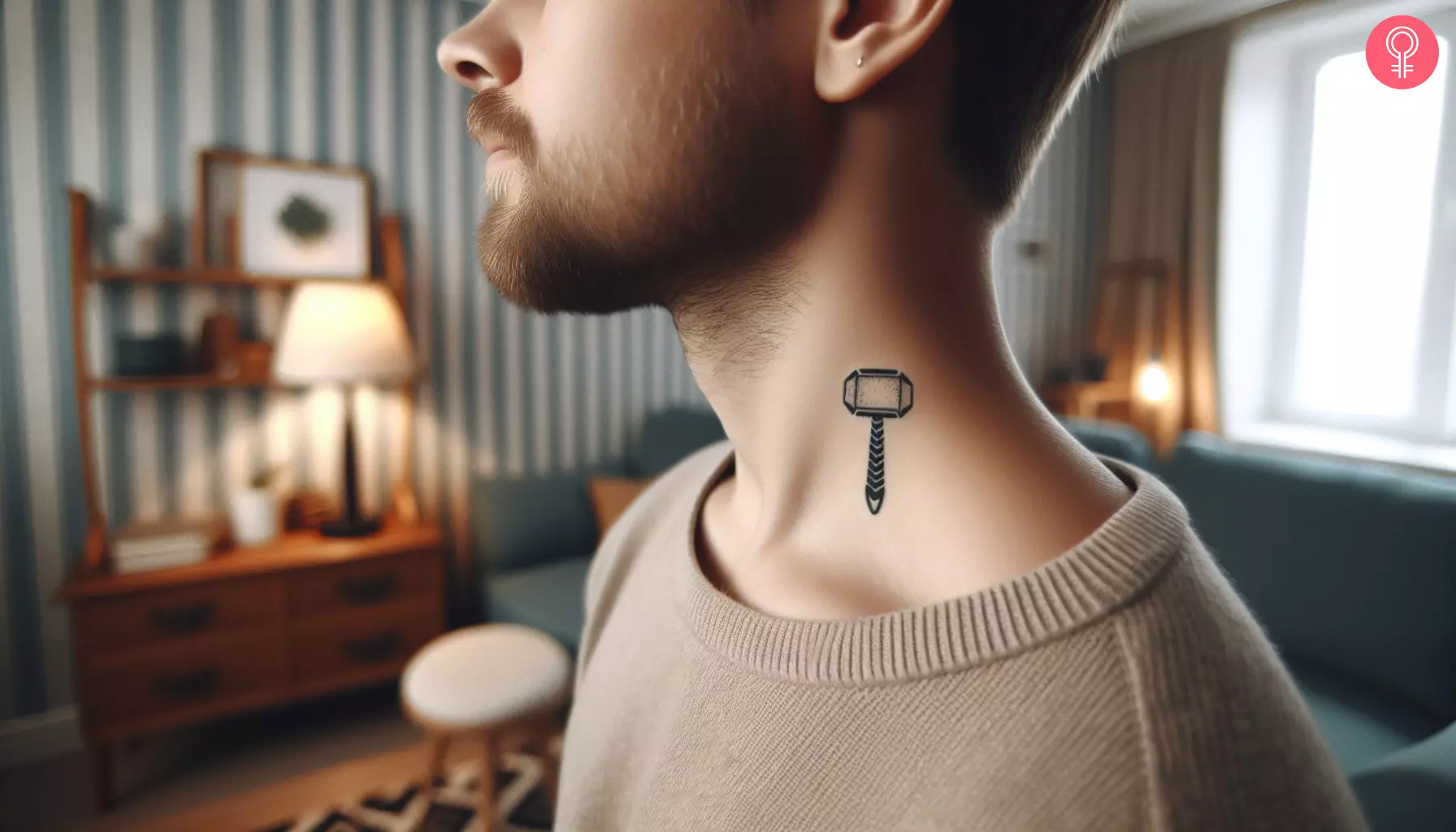 Small Thor’s hammer tattoo on the neck