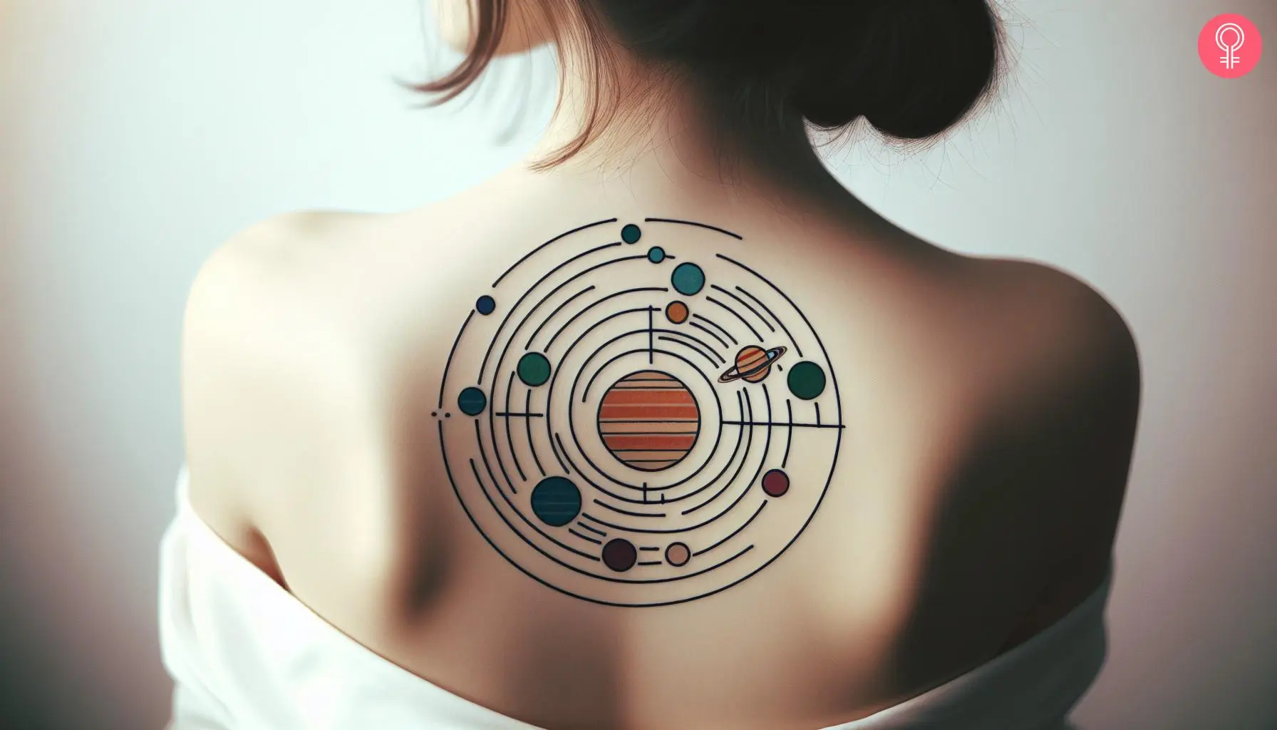 A woman with a large, vibrant solar system tattoo design on her back