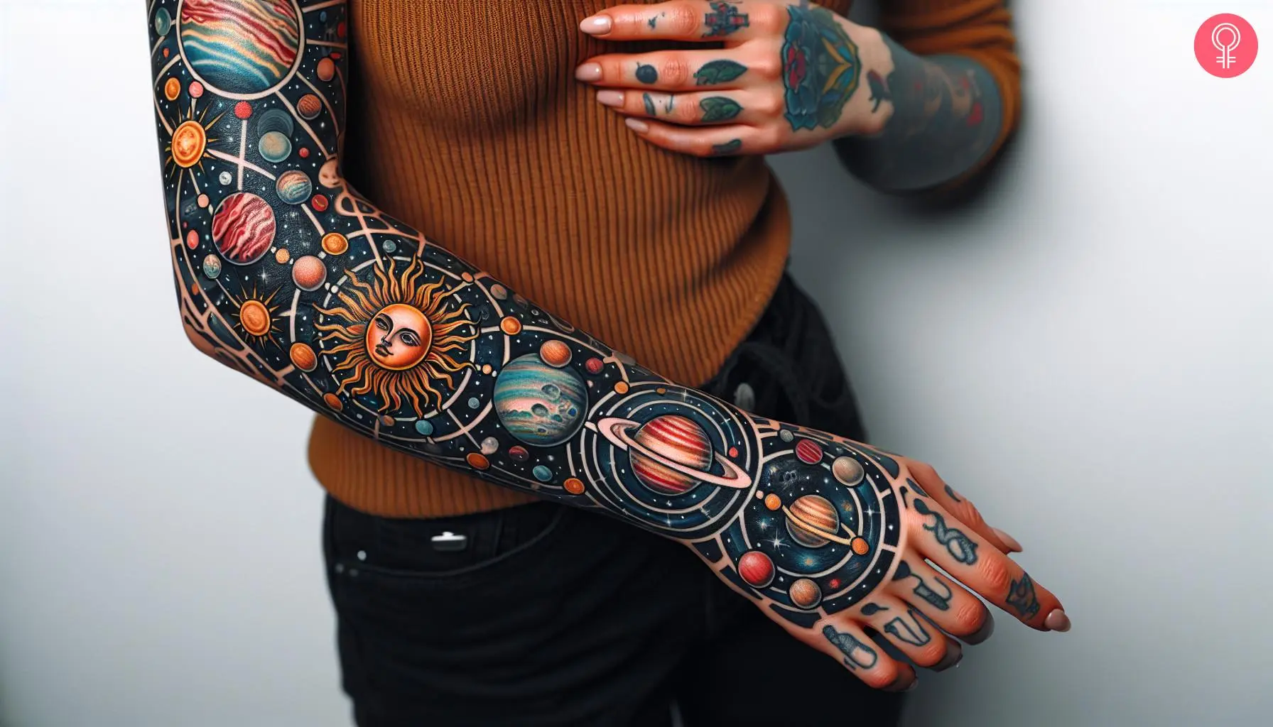 A woman with a solar system tattoo design on her sleeve