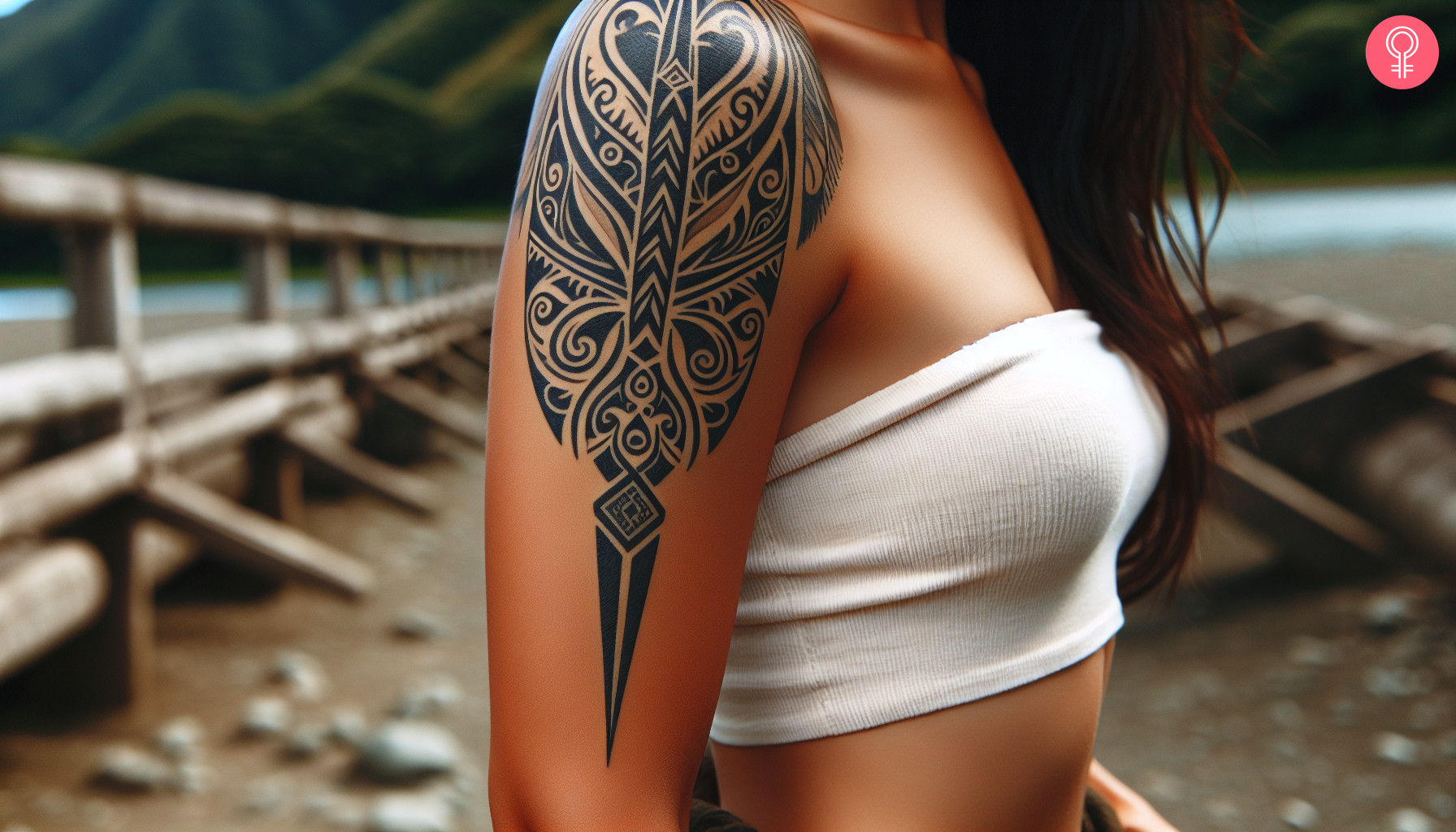 Spear head maori tattoos on upper arm of a woman