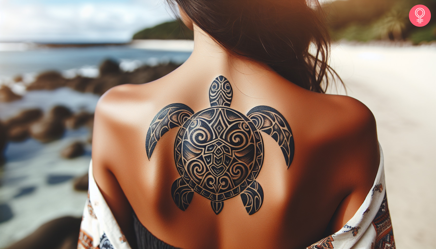 Spinal maori turtle tattoo on a woman