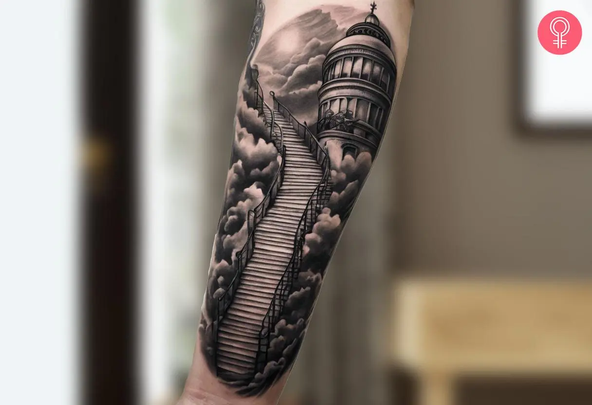 A pencil drawing ‘Stairway To Heaven’ tattoo on the forearm