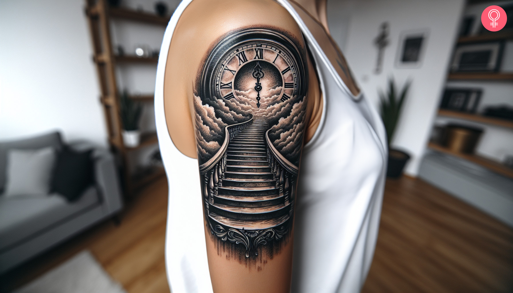  A ‘Stairway To Heaven’ tattoo with a clock on the upper arm