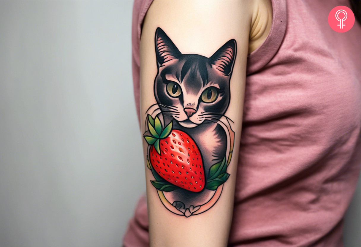 Strawberry cat tattoo on the forearm
