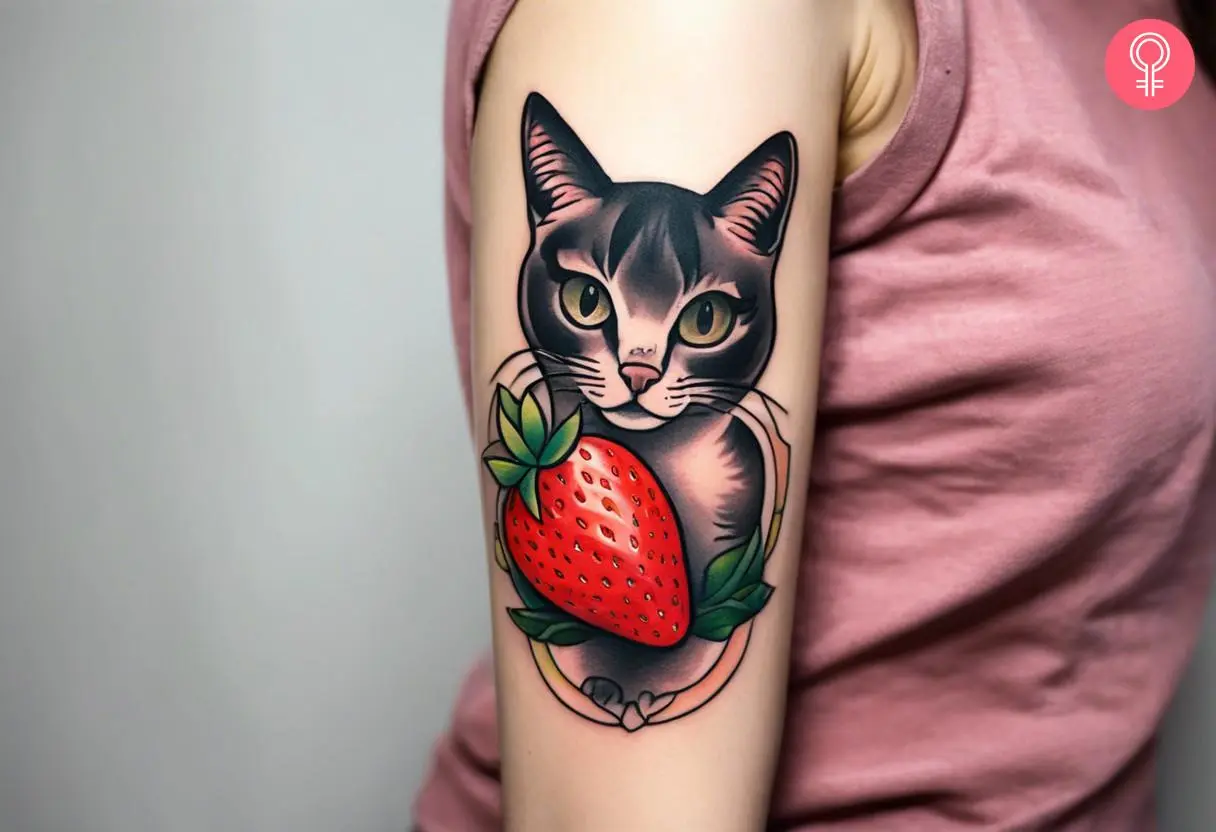 Strawberry cat tattoo on the forearm