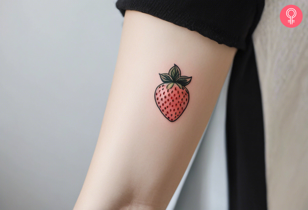 Strawberry flash tattoo on the back of the forearm