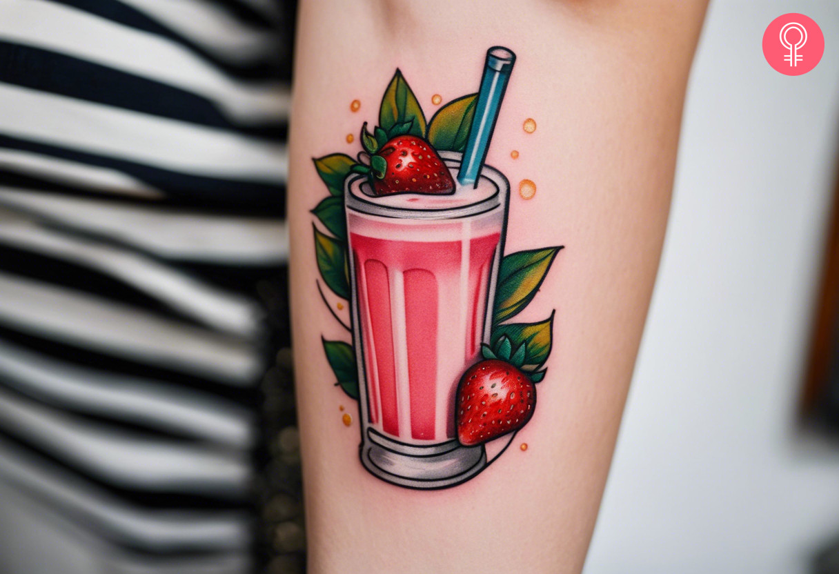 Strawberry milk tattoo on the forearm